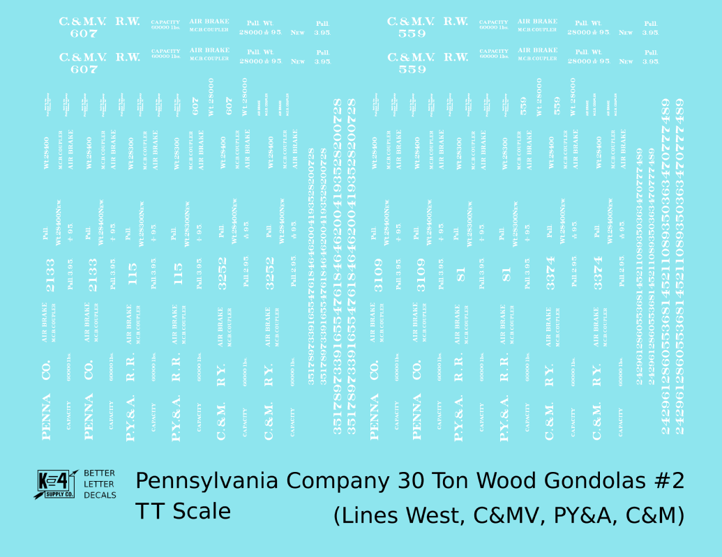 Pennsylvania PRR Lines West 30 Ton Wood Gondolas White PY&A C&M C&MV - Decal - Choose Scale