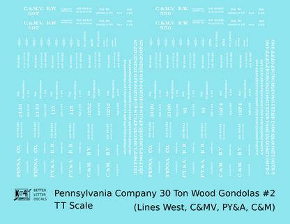 Pennsylvania PRR Lines West 30 Ton Wood Gondolas White PY&A C&M C&MV - Decal - Choose Scale