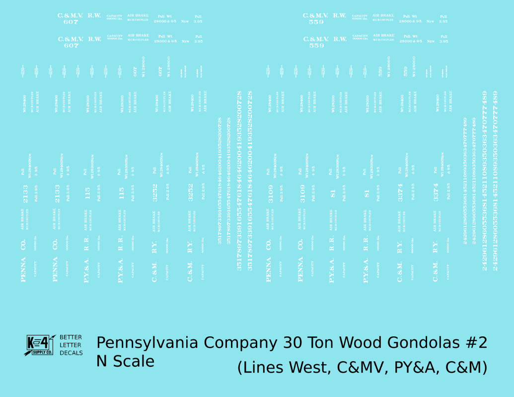 Pennsylvania PRR Lines West 30 Ton Wood Gondolas White PY&A C&M C&MV - Decal - Choose Scale