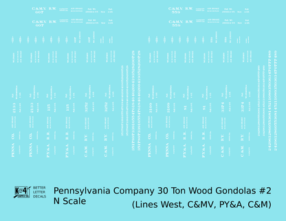 Pennsylvania PRR Lines West 30 Ton Wood Gondolas White PY&A C&M C&MV - Decal - Choose Scale