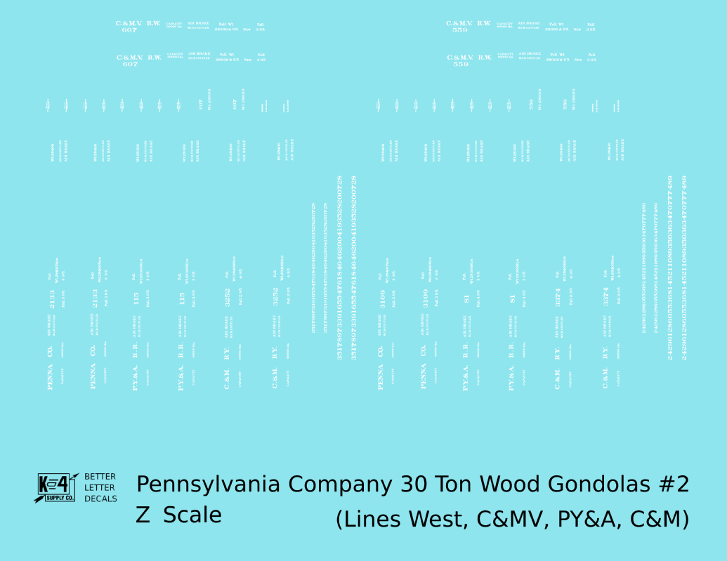 Pennsylvania PRR Lines West 30 Ton Wood Gondolas White PY&A C&M C&MV - Decal - Choose Scale