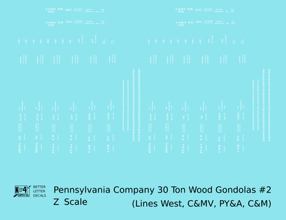 Pennsylvania PRR Lines West 30 Ton Wood Gondolas White PY&A C&M C&MV - Decal - Choose Scale