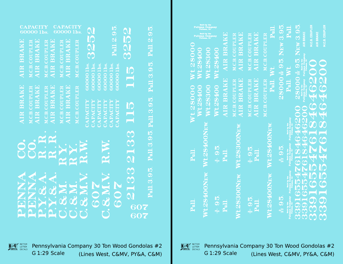Pennsylvania PRR Lines West 30 Ton Wood Gondolas White PY&A C&M C&MV - Decal - Choose Scale