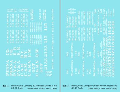 Pennsylvania PRR Lines West 30 Ton Wood Gondolas White PY&A C&M C&MV - Decal - Choose Scale