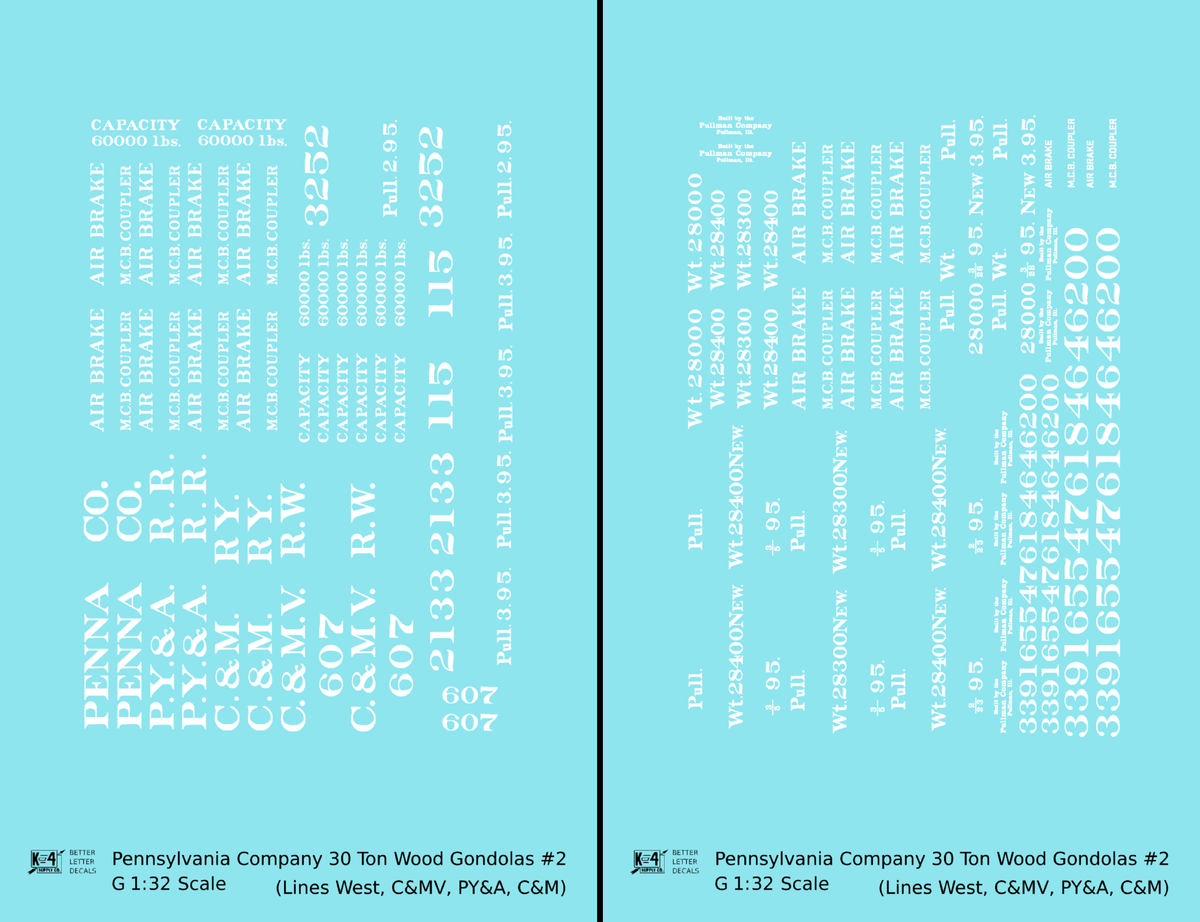 Pennsylvania PRR Lines West 30 Ton Wood Gondolas White PY&A C&M C&MV - Decal - Choose Scale