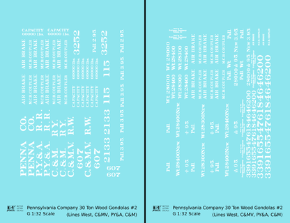 Pennsylvania PRR Lines West 30 Ton Wood Gondolas White PY&A C&M C&MV - Decal - Choose Scale