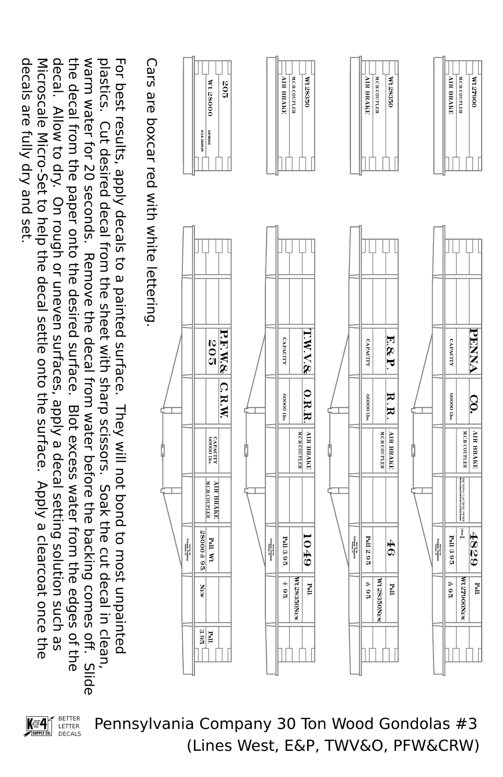 Pennsylvania PRR Lines West 30 Ton Wood Gondolas White TWV&O PFW&CRW E&P - Decal