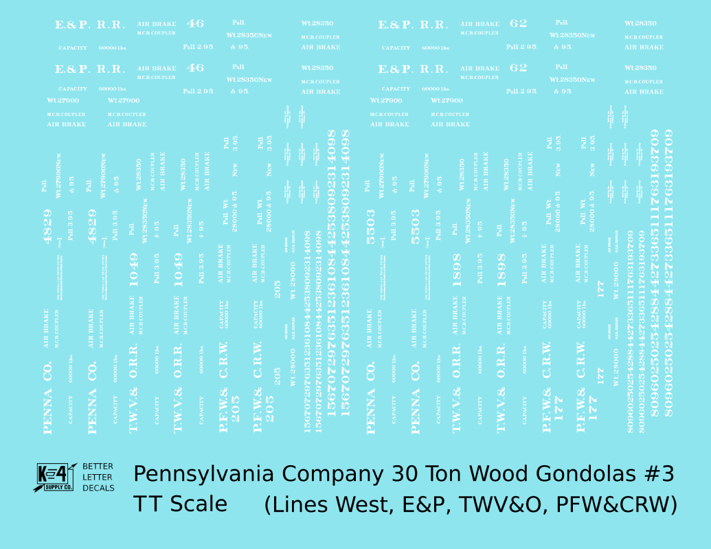 Pennsylvania PRR Lines West 30 Ton Wood Gondolas White TWV&O PFW&CRW E&P - Decal - Choose Scale