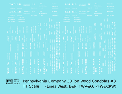 Pennsylvania PRR Lines West 30 Ton Wood Gondolas White TWV&O PFW&CRW E&P - Decal - Choose Scale