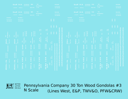 Pennsylvania PRR Lines West 30 Ton Wood Gondolas White TWV&O PFW&CRW E&P - Decal - Choose Scale