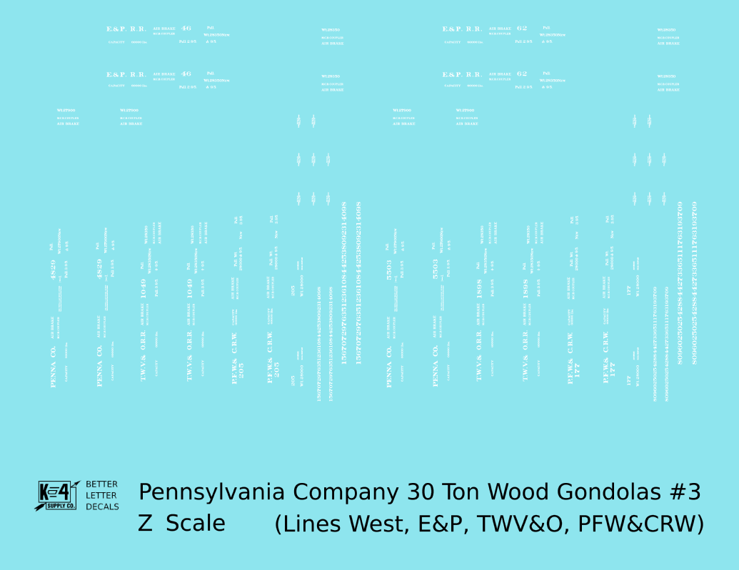 Pennsylvania PRR Lines West 30 Ton Wood Gondolas White TWV&O PFW&CRW E&P - Decal - Choose Scale