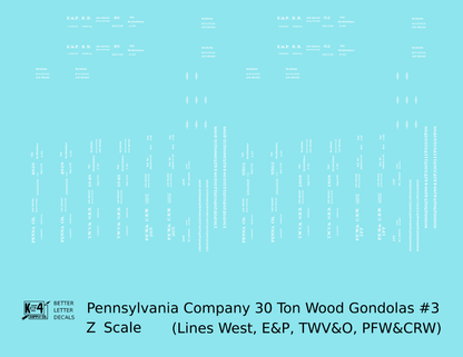 Pennsylvania PRR Lines West 30 Ton Wood Gondolas White TWV&O PFW&CRW E&P - Decal - Choose Scale