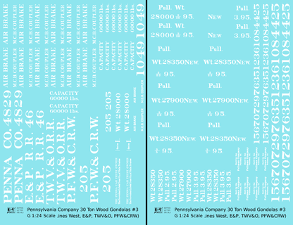 Pennsylvania PRR Lines West 30 Ton Wood Gondolas White TWV&O PFW&CRW E&P - Decal - Choose Scale