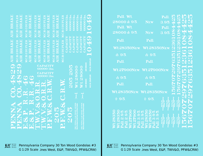 Pennsylvania PRR Lines West 30 Ton Wood Gondolas White TWV&O PFW&CRW E&P - Decal - Choose Scale