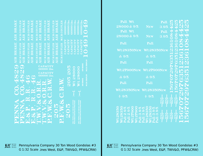 Pennsylvania PRR Lines West 30 Ton Wood Gondolas White TWV&O PFW&CRW E&P - Decal - Choose Scale