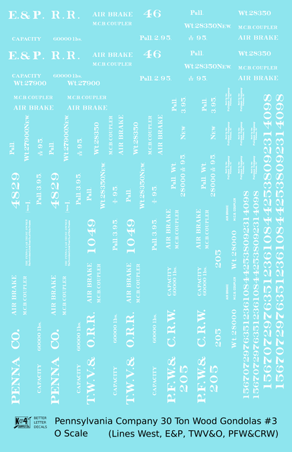 Pennsylvania PRR Lines West 30 Ton Wood Gondolas White TWV&O PFW&CRW E&P - Decal Sheet