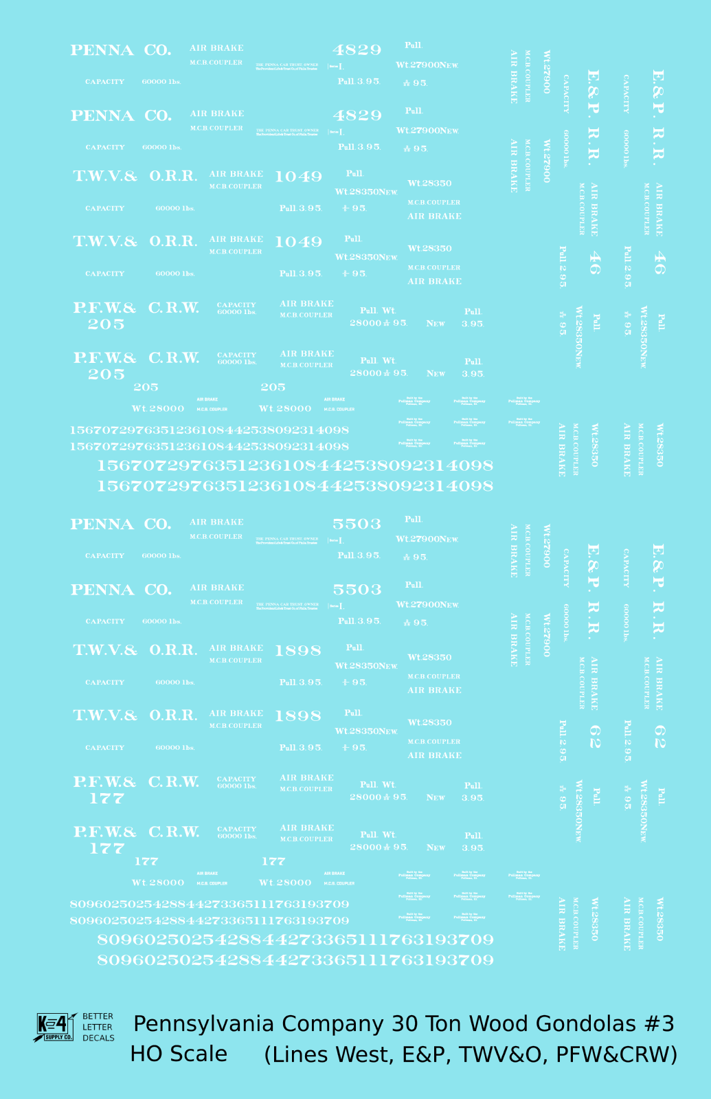 Pennsylvania PRR Lines West 30 Ton Wood Gondolas White TWV&O PFW&CRW E&P - Decal - Choose Scale