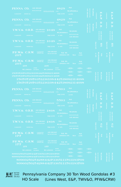 Pennsylvania PRR Lines West 30 Ton Wood Gondolas White TWV&O PFW&CRW E&P - Decal - Choose Scale