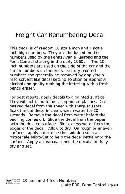 Late PRR Pennsylvania/Penn Central 10 Scale Inch Gothic Freight Car Numbers