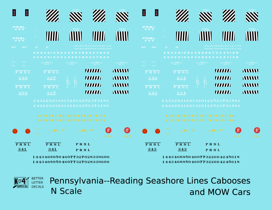 Pennsylvania Reading Seashore Line PRSL Cabooses and MOW Cars   - Decal - Choose Scale