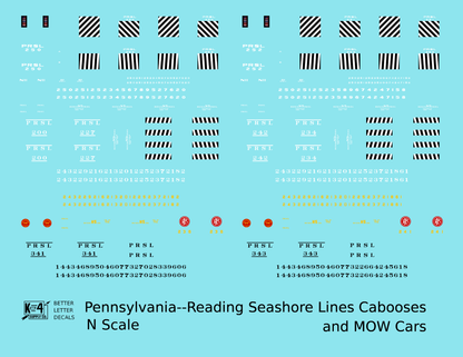 Pennsylvania Reading Seashore Line PRSL Cabooses and MOW Cars   - Decal - Choose Scale