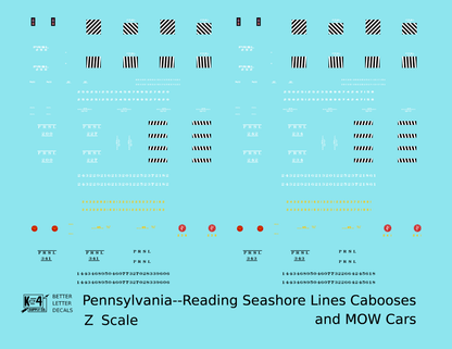 Pennsylvania Reading Seashore Line PRSL Cabooses and MOW Cars   - Decal - Choose Scale