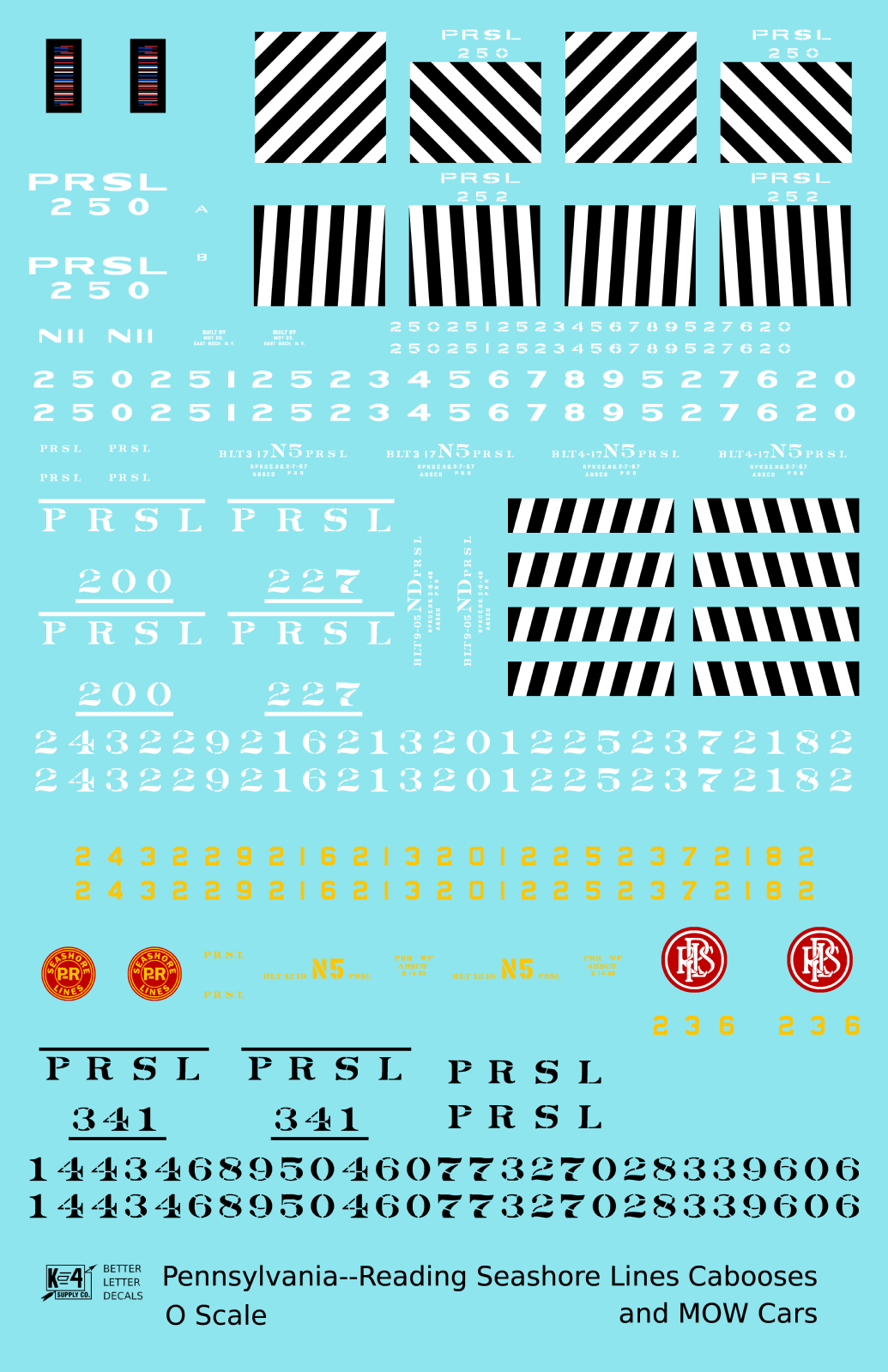 Pennsylvania Reading Seashore Line PRSL Cabooses and MOW Cars   - Decal Sheet
