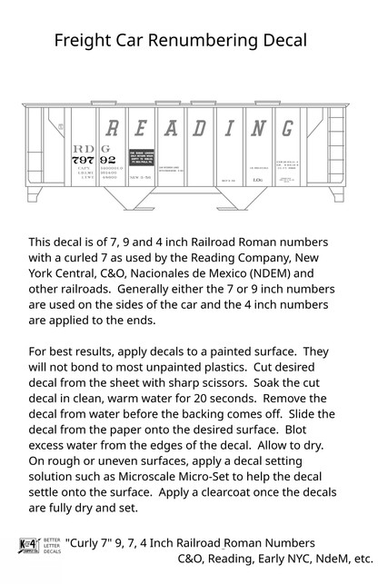 Reading, NYC, C&O, NdeM Freight Car Numbers  White 9, 7 and 4 Inch Renumber