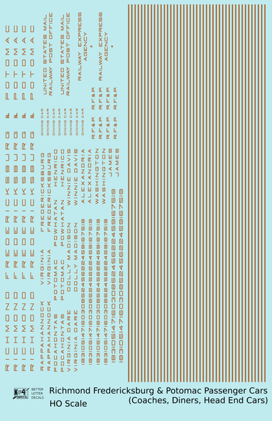 Richmond, Fredericksburg and Potomac Passenger Car Bronze Gold  - Decal Sheet