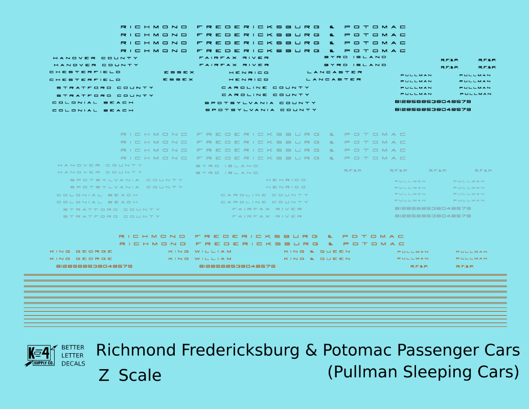 Richmond, Fredericksburg and Potomac Sleeper Passenger Car Gold, Black, Silver Pool Cars