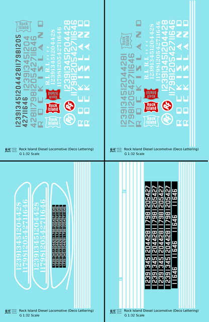 Rock Island Diesel Locomotive White and Silver Deco Lettering