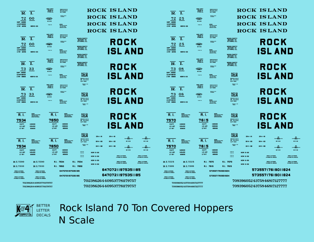 Rock Island 70 Ton Covered Hoppers Black Roman, Block Letters