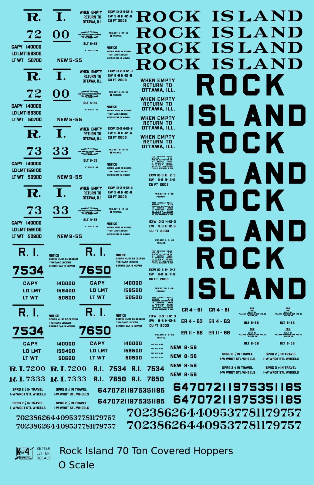 Rock Island 70 Ton Covered Hoppers Black Roman, Block Letters