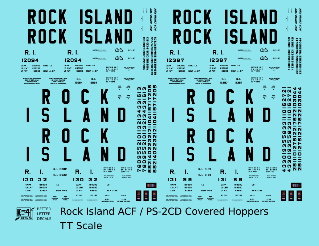Rock Island ACF and PS-2 Covered Hopper Black Tall Block Letters