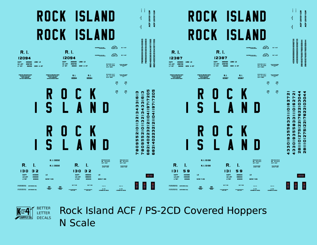 Rock Island ACF and PS-2 Covered Hopper Black Tall Block Letters
