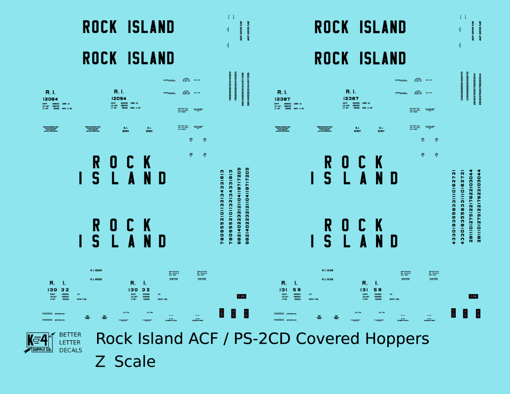 Rock Island ACF and PS-2 Covered Hopper Black Tall Block Letters