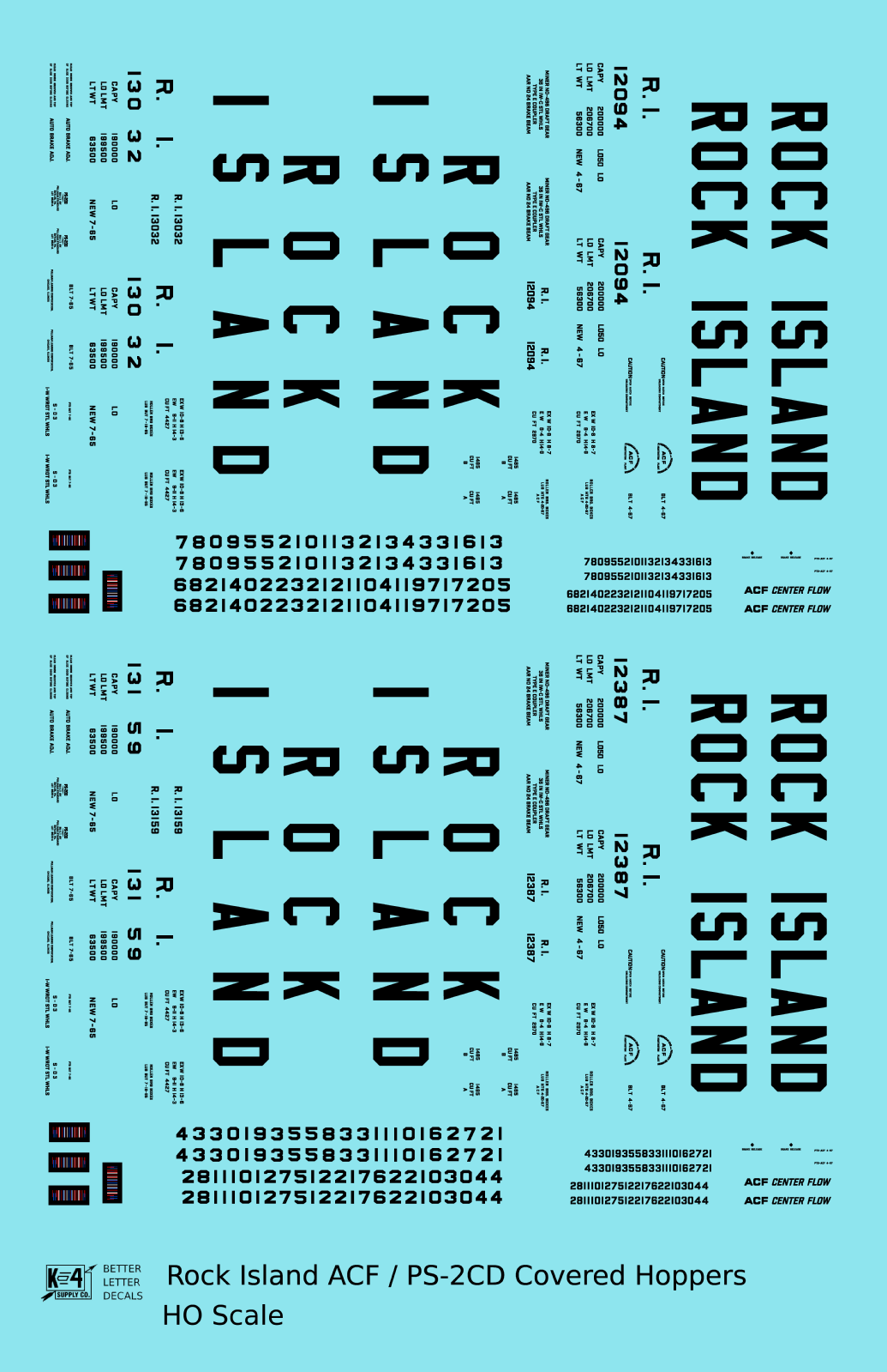 Rock Island ACF and PS-2 Covered Hopper Black Tall Block Letters