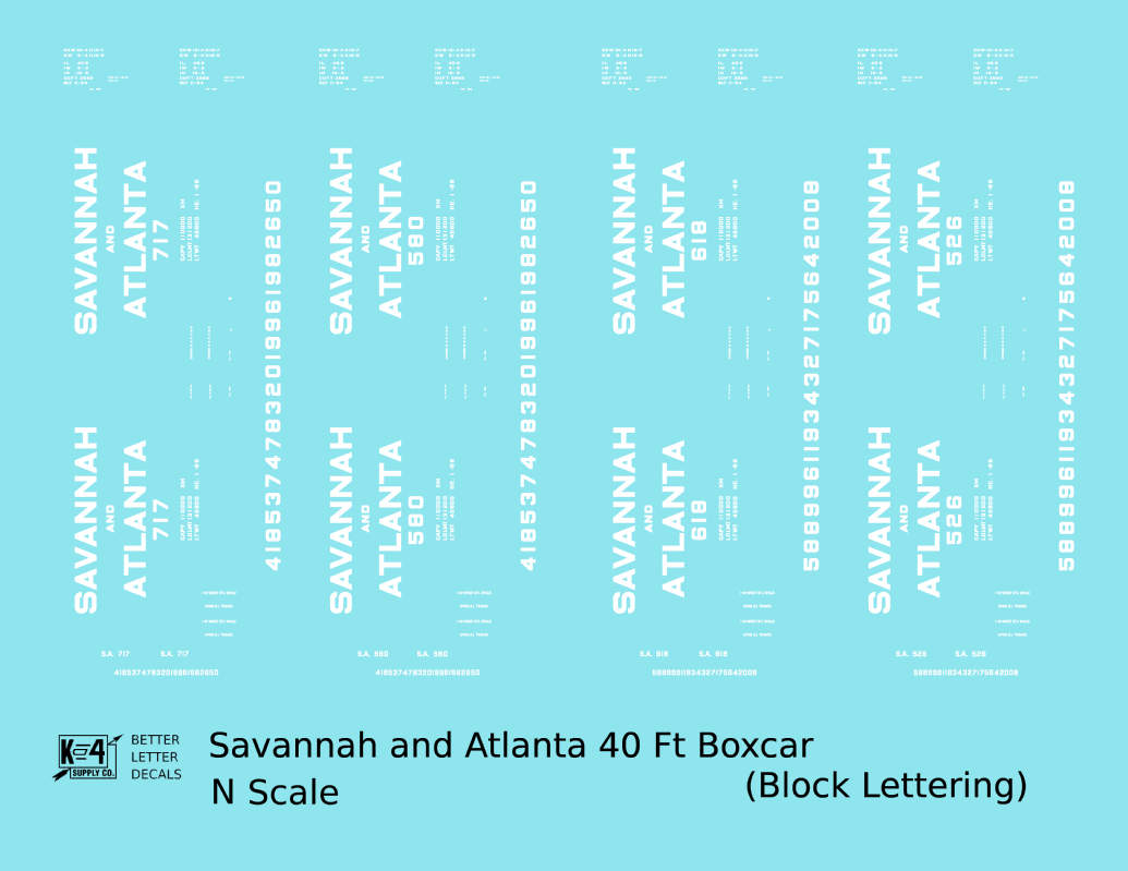 Savannah and Atlanta 40 Ft Boxcar White Block Lettering