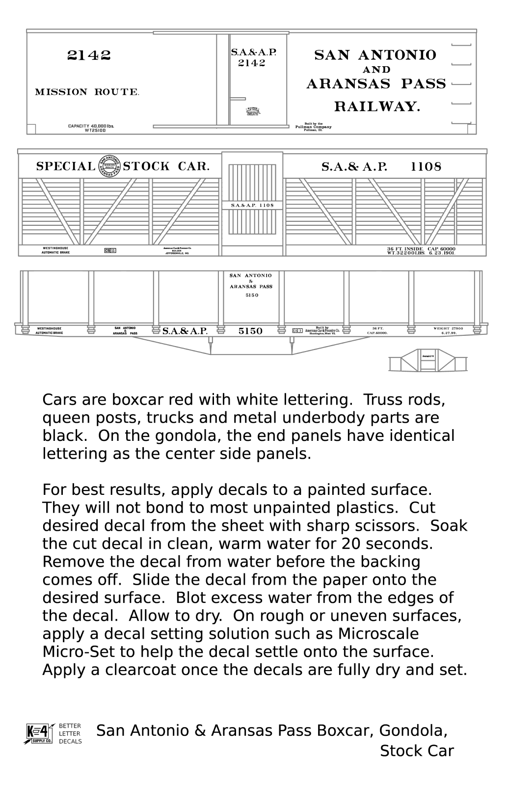 San Antonio and Aransas Pass Boxcar, Stock Car and Gondola White  - Decal