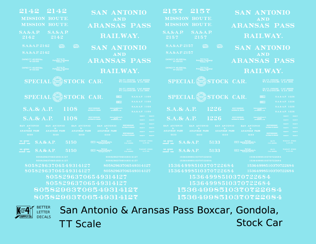 San Antonio and Aransas Pass Boxcar, Stock Car and Gondola White  - Decal - Choose Scale