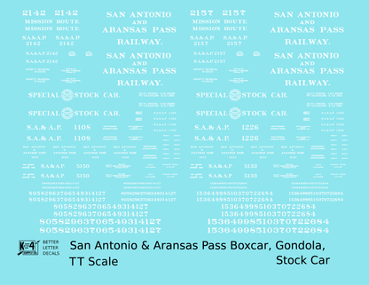 San Antonio and Aransas Pass Boxcar, Stock Car and Gondola White  - Decal - Choose Scale