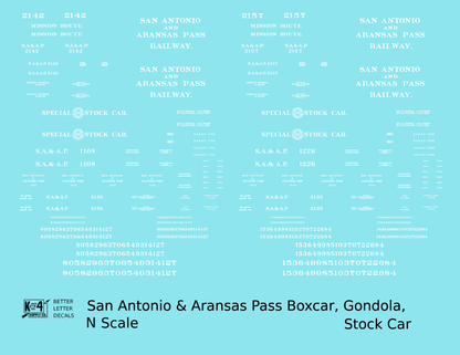 San Antonio and Aransas Pass Boxcar, Stock Car and Gondola White  - Decal - Choose Scale