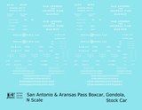 San Antonio and Aransas Pass Boxcar, Stock Car and Gondola White  - Decal - Choose Scale