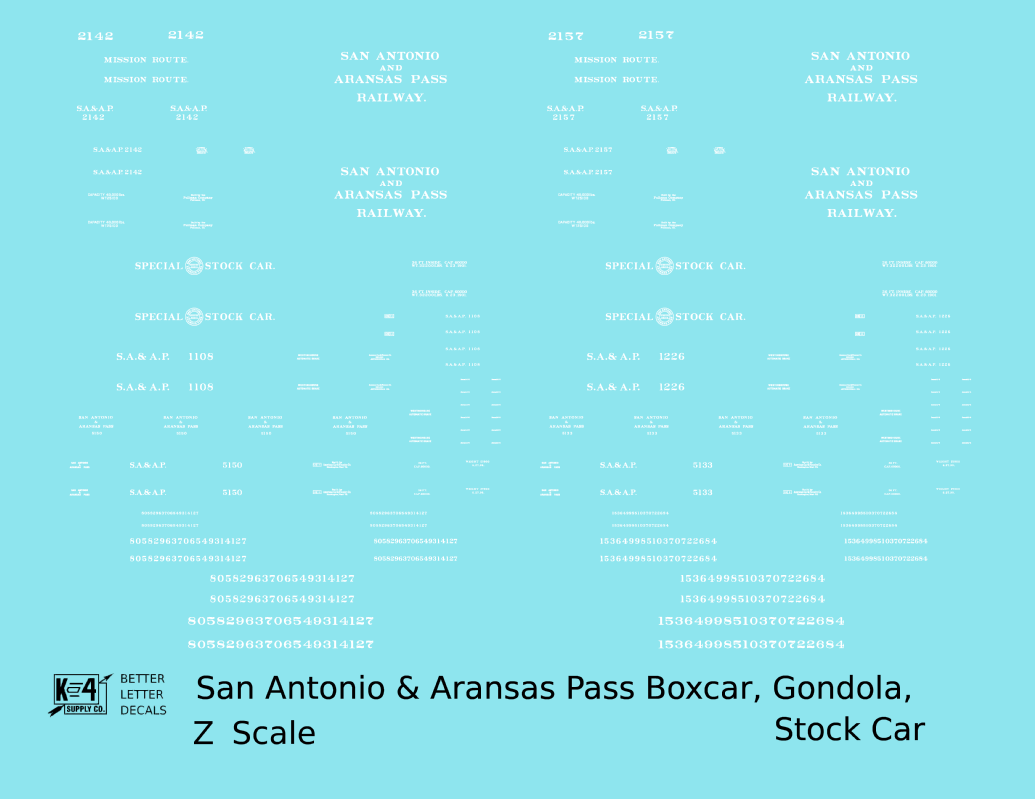 San Antonio and Aransas Pass Boxcar, Stock Car and Gondola White  - Decal - Choose Scale