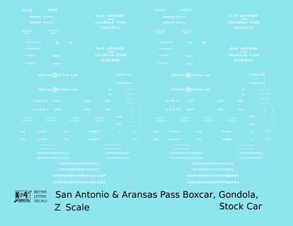 San Antonio and Aransas Pass Boxcar, Stock Car and Gondola White  - Decal - Choose Scale