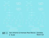 San Antonio and Aransas Pass Boxcar, Stock Car and Gondola White  - Decal - Choose Scale