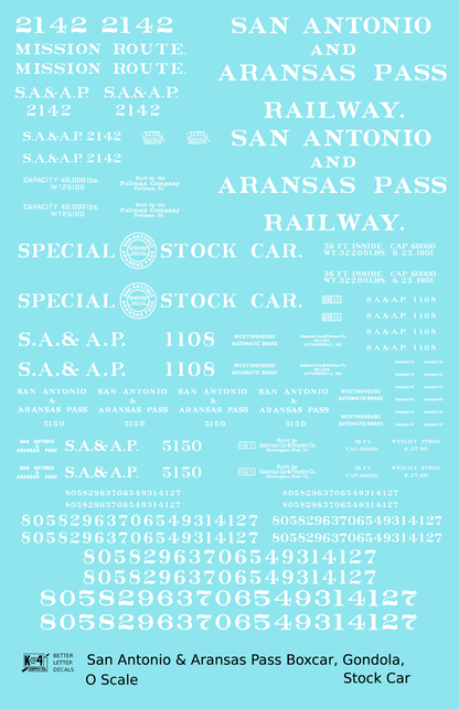 San Antonio and Aransas Pass Boxcar, Stock Car and Gondola White  - Decal Sheet