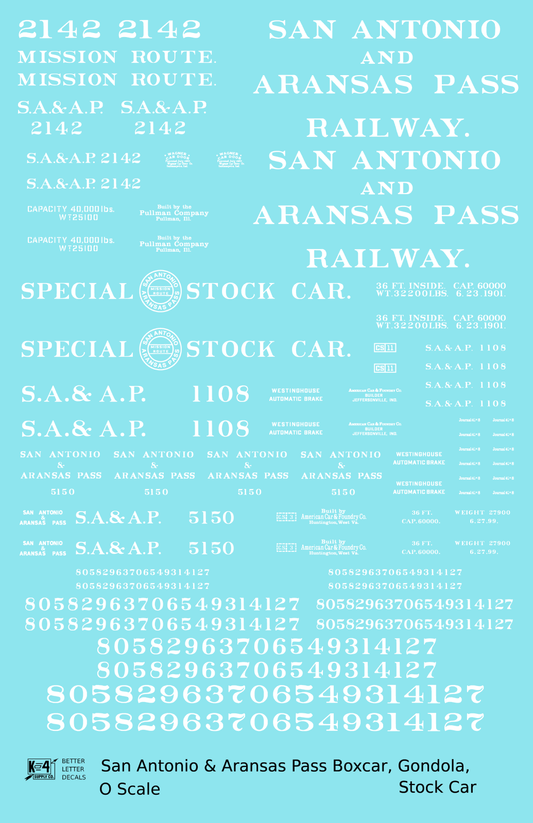 San Antonio and Aransas Pass Boxcar, Stock Car and Gondola White  - Decal Sheet