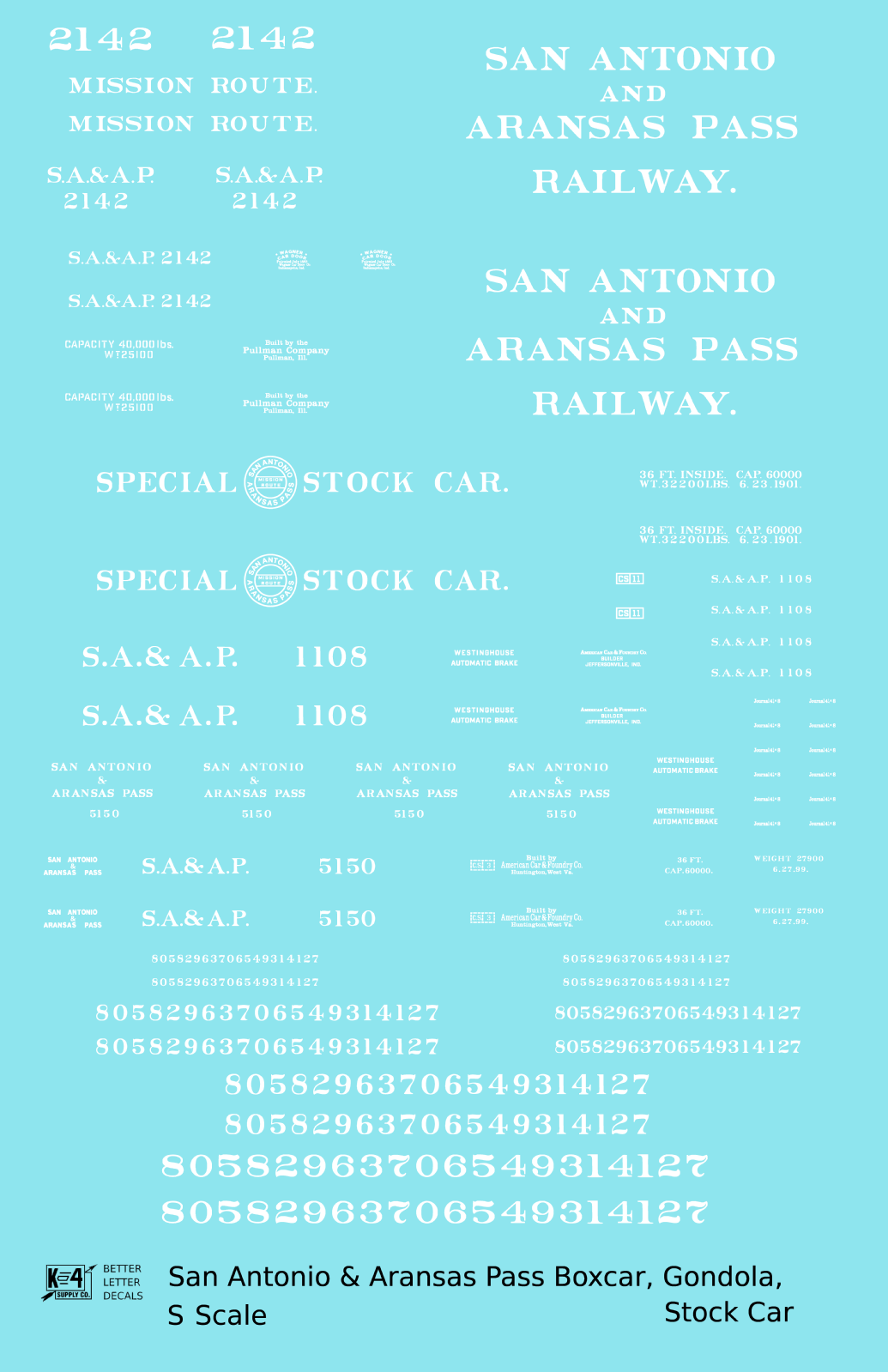 San Antonio and Aransas Pass Boxcar, Stock Car and Gondola White  - Decal - Choose Scale