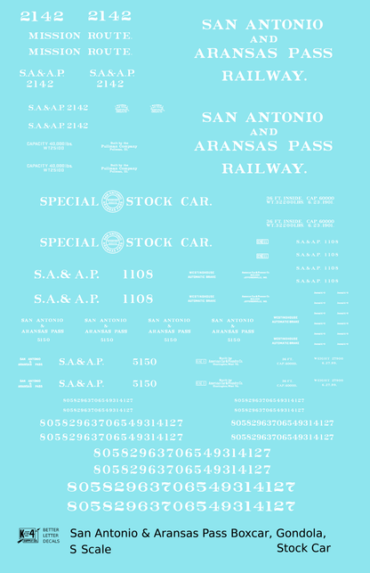 San Antonio and Aransas Pass Boxcar, Stock Car and Gondola White  - Decal - Choose Scale